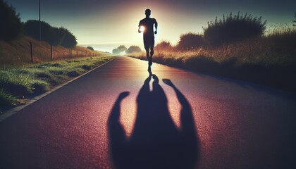 A runner's shadow is cast long on the ground ahead, symbolizing the early morning start of a training session. - obrazy, fototapety, plakaty