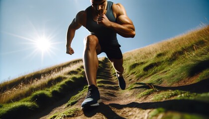 A person jogging up a steep hill on a clear day.