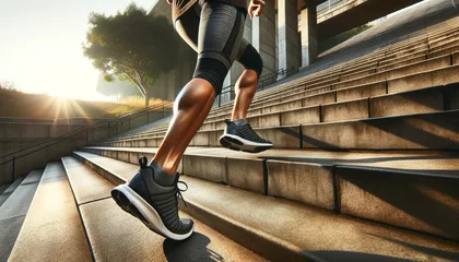 Tuinposter The lower half of a person jogging up concrete steps in a city park, with the focus on their running shoes and active wear. © FantasyLand86