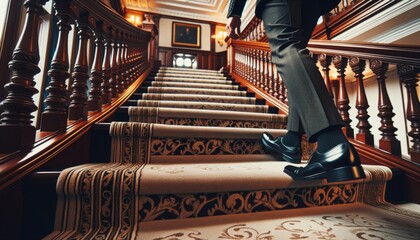 Someone wearing formal shoes climbing an elegant carpeted staircase with ornate wooden banisters in a grand foyer. - obrazy, fototapety, plakaty