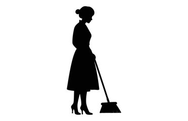 Woman Cleaner Silhouette isolated on a white background, Cleaning lady black Clipart, Sweeper girl Black and White Vector