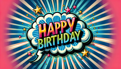 A colorful pop art style illustration featuring the words 'Happy Birthday' in bold, stylized lettering within a speech bubble and the background has radial lines emanating