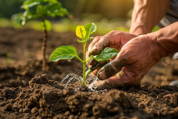 A close-up of a farmer's rugged hands gently watering a young, green plant sprouting from rich,...
