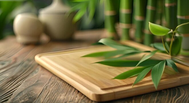 A stalk of bamboo next to a bamboo cutting board, nature repurposed