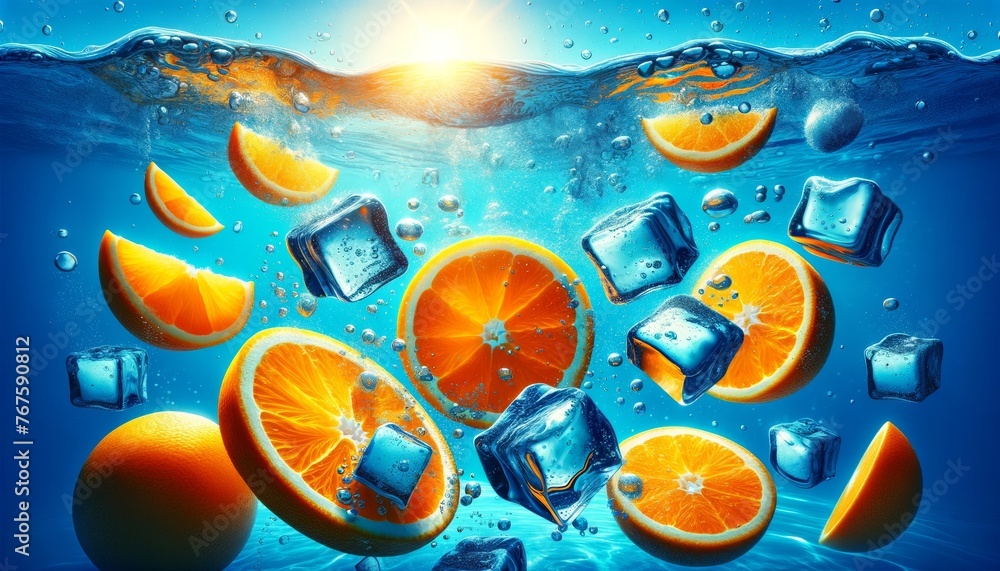 Wall mural vibrant orange slices submerged in a clear blue pool with floating ice cubes and bubbles, giving a r - Wall murals