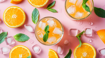 Orange juice in glasses on a minimal background
