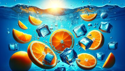 Vibrant orange slices submerged in a clear blue pool with floating ice cubes and bubbles, giving a refreshing and cooling impression. - obrazy, fototapety, plakaty