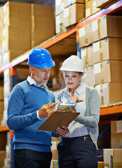 Teamwork, logistics and warehouse, tablet and clipboard with checklist for inventory management....