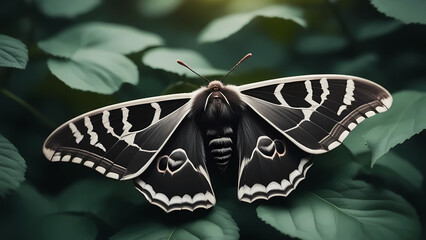 Black silk moth sits on green leaves