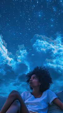 vertical video of woman with curly hair stairing the sky and sit on the couch a girl thinking animation of night cloudy sky with the stars