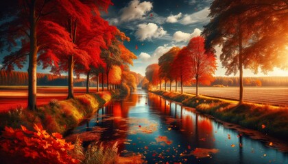 An autumnal landscape where the river is flanked by trees in a riot of fall colors_ deep reds, vibrant oranges, and golden yellows. - obrazy, fototapety, plakaty