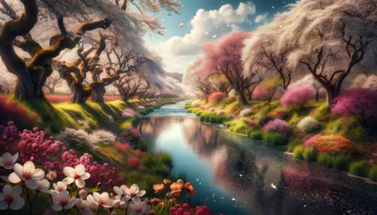 Zelfklevend Fotobehang A landscape showcasing the same river lined with trees in full, lush bloom, petals from the blossoms gently drifting onto the water's surface. © FantasyLand86
