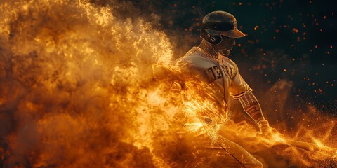 Baseball muscular player definition and energy, set against a fiery
