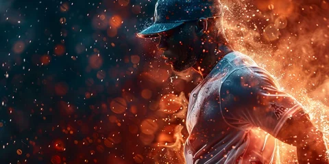 Deurstickers Baseball muscular player definition and energy, set against a fiery © Nattadesh