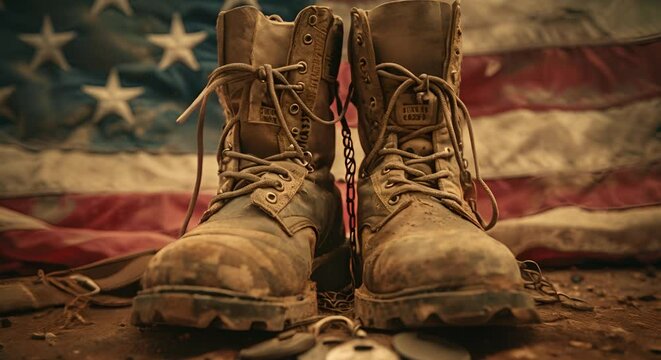 Soldier's boots and dog tags on an American flag background