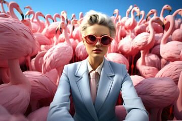 portrait of a beautiful business woman in glasses against the background of a flock of pink flamingos