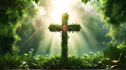 Christian cross is entwined with vines and flowers evoking a sense of harmony with nature - obrazy, fototapety, plakaty