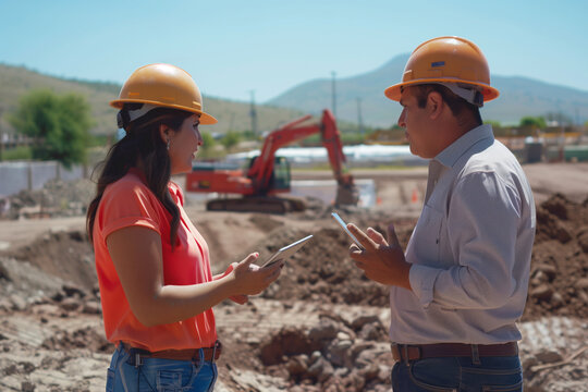 Hispanic Female Inspector Talking to Caucasian Male Land Development Manager With Tablet On Construction Site Of Real Estate Project. Excavators Preparing For Laying Foundation. Hot Sunny Day