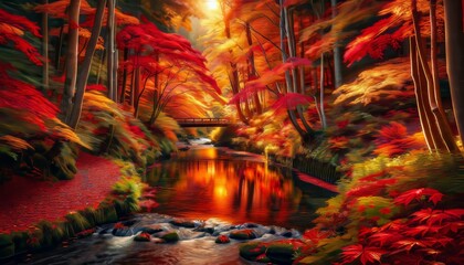 An autumn scene where a gentle river flows through a forest ablaze with red, orange, and yellow leaves.