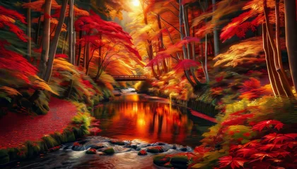 Abwaschbare Fototapete Waldfluss An autumn scene where a gentle river flows through a forest ablaze with red, orange, and yellow leaves.