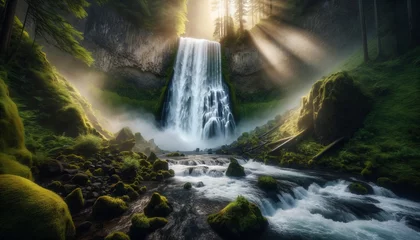 Foto auf Glas A waterfall cascading down a rugged cliffside into a misty pool below. © FantasyLand86