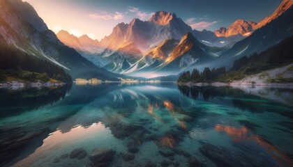A serene mountain lake with crystal-clear water reflecting the surrounding peaks at sunrise. - obrazy, fototapety, plakaty