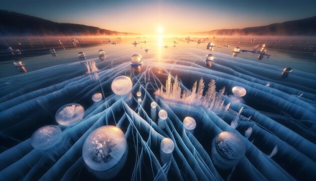 An image of the intricate patterns formed by ice on a frozen lake, with morning sunlight casting a soft glow across the scene.