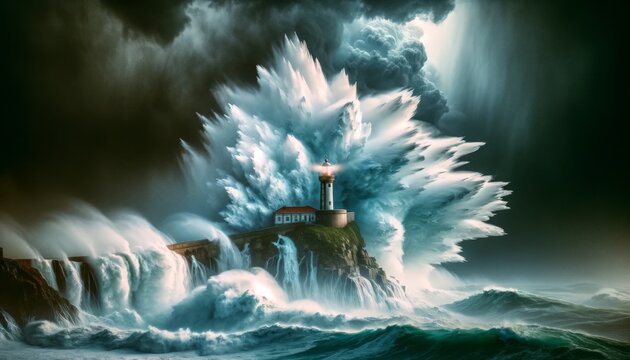 A surreal image of a lighthouse enduring high waves during a storm.