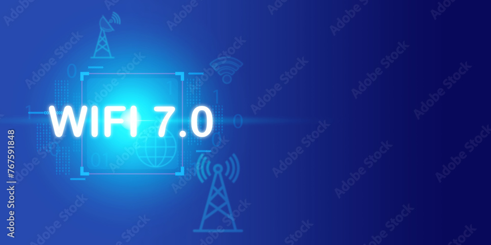 Poster wifi 7.0 futuristic blue abstract technology background, wifi 7 technology concept, connecting to th