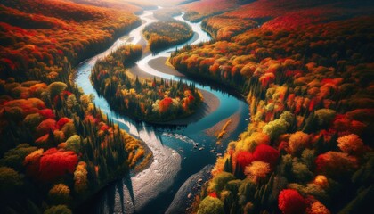 An aerial shot of a winding river flowing through a colorful autumn forest, with leaves in shades of red, orange, and yellow.