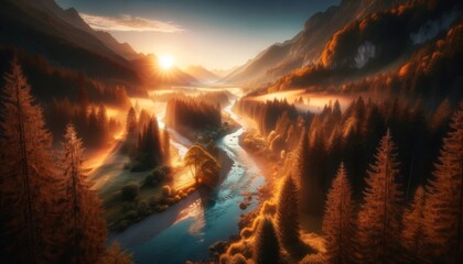 A panoramic view of a mountain valley with a river cutting through it at sunrise, highlighting the golden hues on the tree tops. - obrazy, fototapety, plakaty