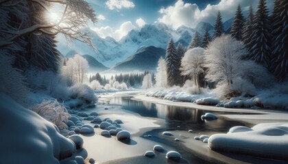 A tranquil snowy landscape where the river is partially frozen and the surrounding trees are covered in a soft layer of snow. - obrazy, fototapety, plakaty