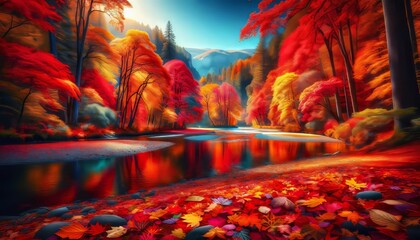 A landscape transformed by the colors of autumn. - obrazy, fototapety, plakaty