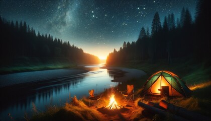 A riverside camping scene at night with a small, glowing campfire casting a warm light on the nearby tent.