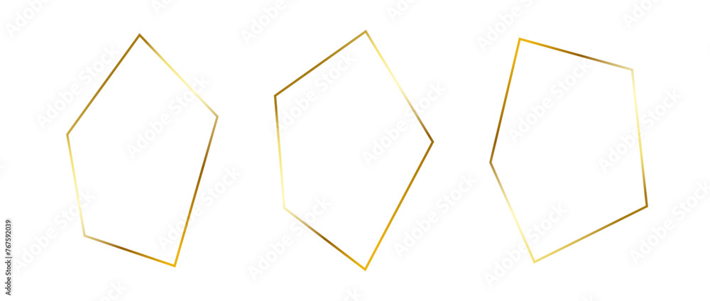 Poster Golden thin frame set. Gold foil geometric borders in art deco style. Thin linear irregular square collection. Yellow glowing shiny boarder element pack. Vector bundle for photo, cadre, decoration