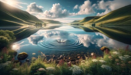 A peaceful lake with mirror-like water reflecting a clear blue sky and fluffy clouds. - obrazy, fototapety, plakaty