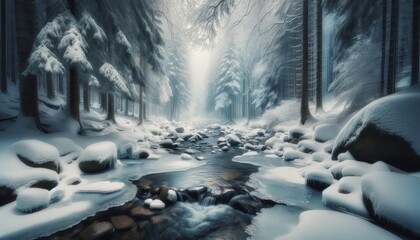 A peaceful winter landscape featuring a partially frozen creek snaking through a serene snow-covered forest. - obrazy, fototapety, plakaty