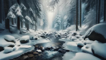 Tuinposter A peaceful winter landscape featuring a partially frozen creek snaking through a serene snow-covered forest. © FantasyLand86