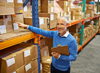 Boss, clipboard and smile in warehouse with inventory for quality control and freight distribution....