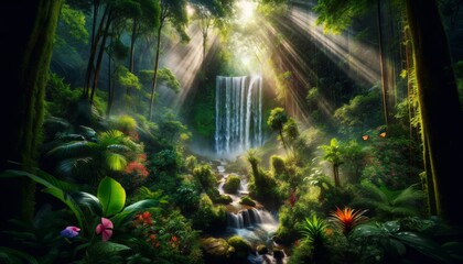 A cascading waterfall in a tropical forest with rich greenery, colorful flowers, and diverse plant life.