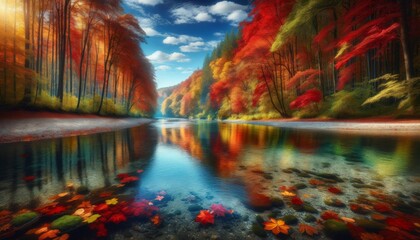 A tranquil autumn scene featuring a river gently meandering through a forest. - obrazy, fototapety, plakaty