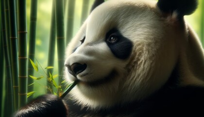 A close-up of a panda's face while it is eating bamboo, with a serene and content expression.