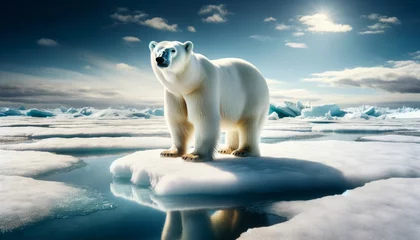 Fototapete A medium shot of a polar bear standing on a melting ice cap, looking into the distance. © FantasyLand86