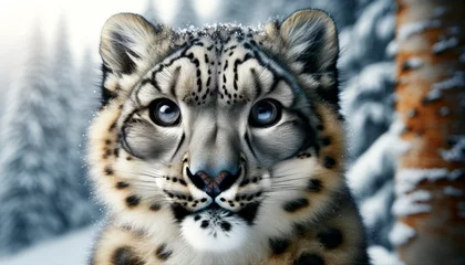  A close-up of a snow leopard with clear, distinctive patterned fur, staring intently into the camera. © FantasyLand86