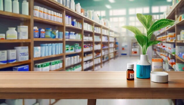 Pharmacy wood table counter with medicines healthcare product arranged on shelves in drugstore blurred defocused background, Ai Generate