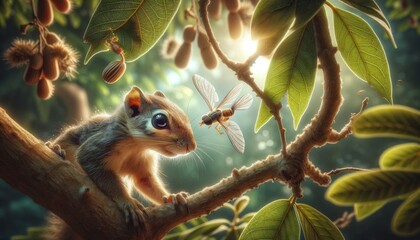 Close-up of insects or small animals, like a squirrel or bird, interacting with the tree or leaves.