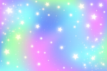 Rainbow unicorn background with glitter and stars. Pastel holographic sky with magic gradient texture. Vector iridescent wallpaper with sparkles