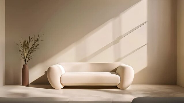 Minimalist composition pushing towards a white sofa in a white room as light spills through a window into the room