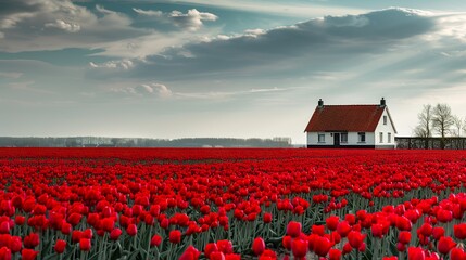 House with red tulip fields stock photo