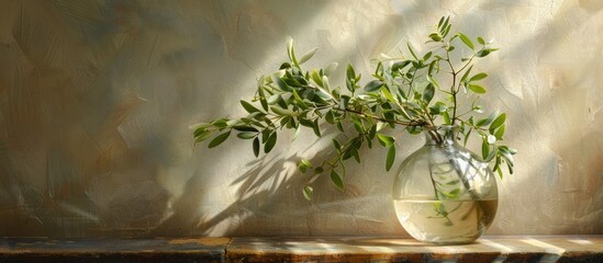 Plants' ruscus branches are arranged in a vase of water for a lovely spring morning still life. - obrazy, fototapety, plakaty